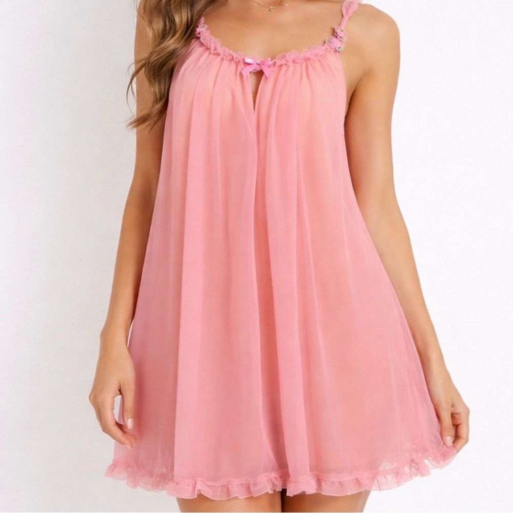 Betsey Johnson Pink Mesh Chiffon Pinup Babydoll Coquette Honeymoon Negligee Med